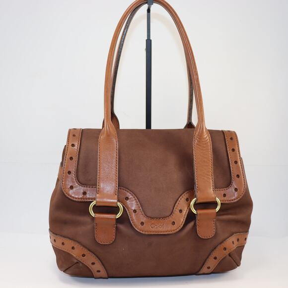 Chloé Brown Suede Saskia Tote Bag with Leather Trim and Brass Hardware - Picture 1 of 9